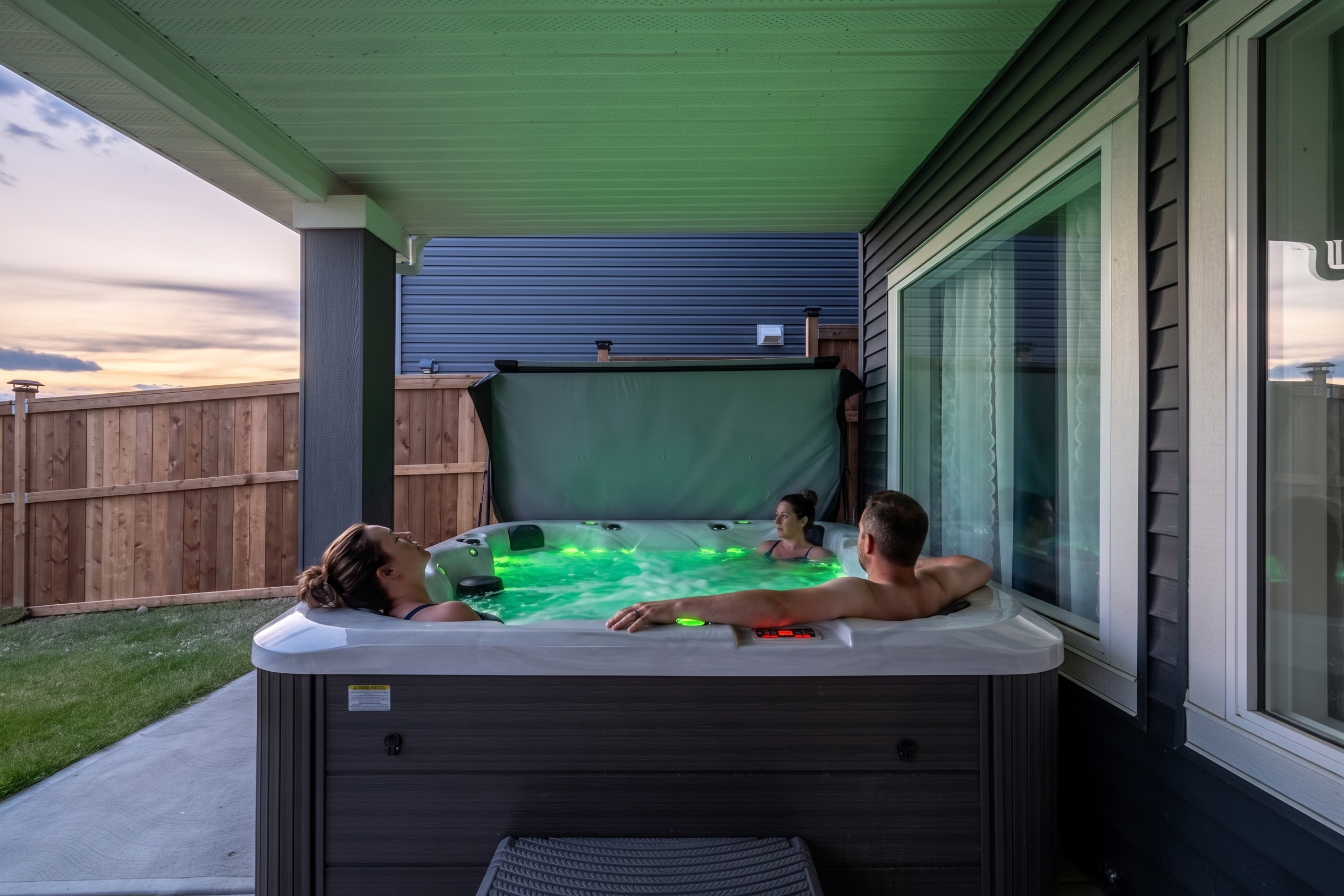 Guests relaxing in the private hot tub at sunset