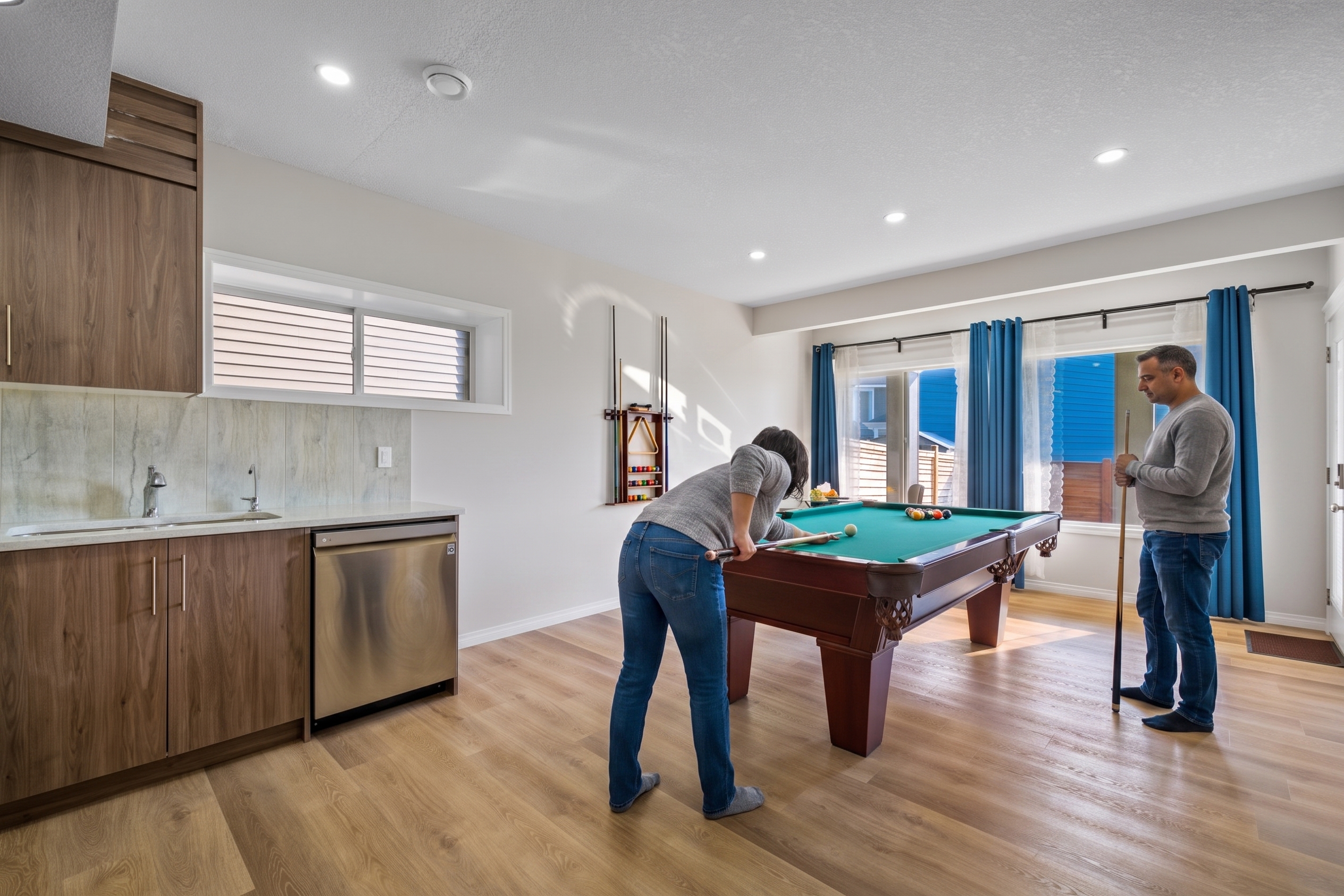 Friends playing pool in the games room
